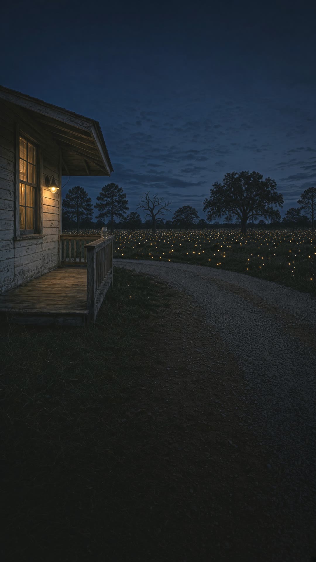 A porch, a circle drive, and a field at dusk